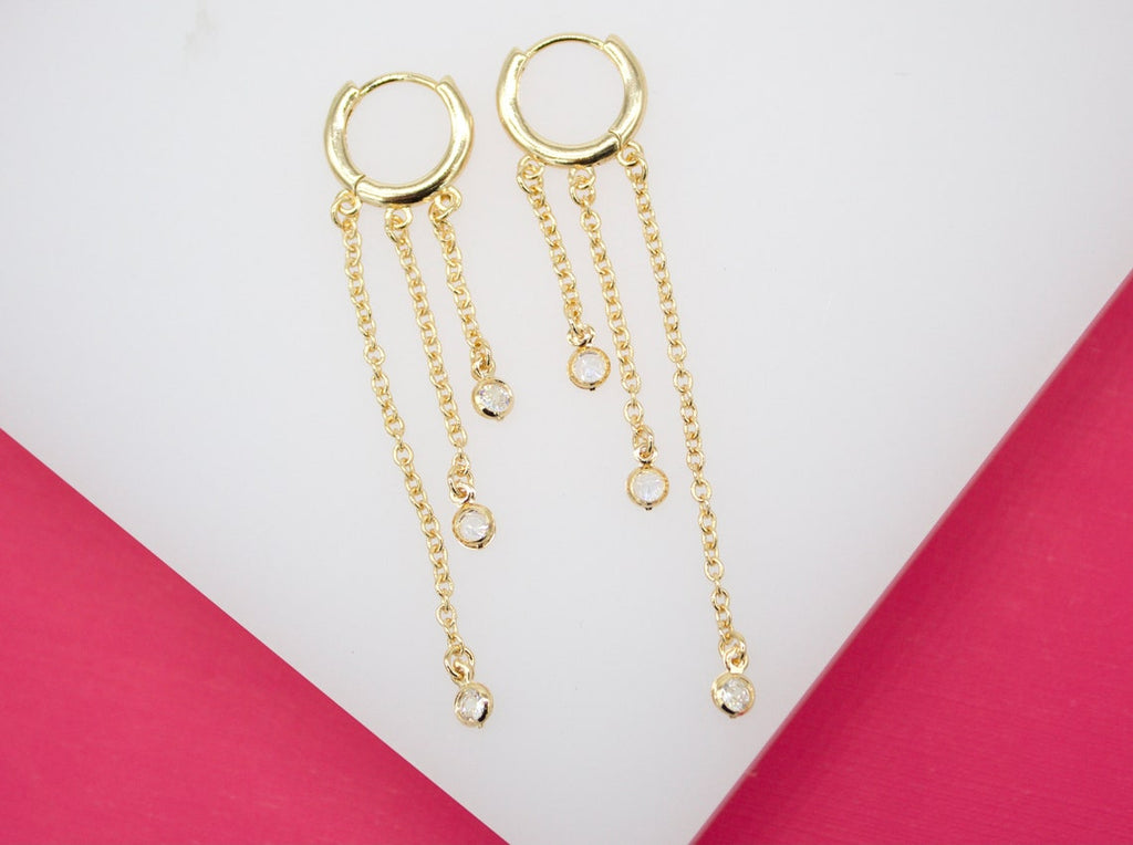 Gold Filled Long Dangle CZ Stone Huggie Earrings (L71)